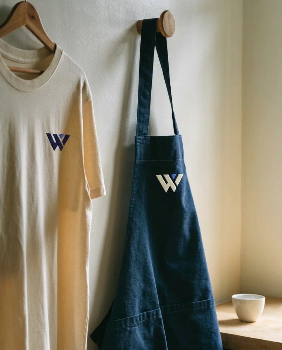 Koncept för Wallenberg Media: ett marinblått förkläde och en ljus t-shirt med vår W-logotyp.